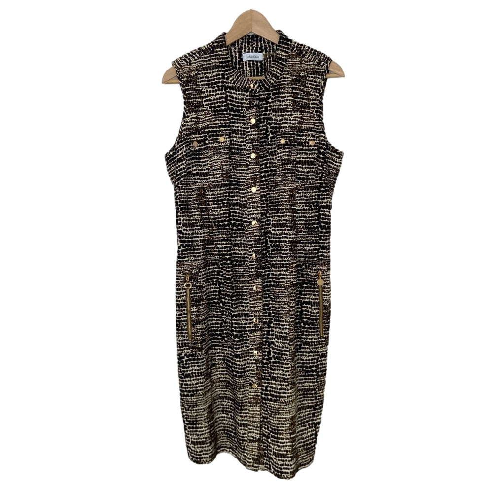 CALVIN KLEIN BLACK BROWN ANIMAL PRINT STYLE MANDARIN COLLAR SHEATH DRESS, 14